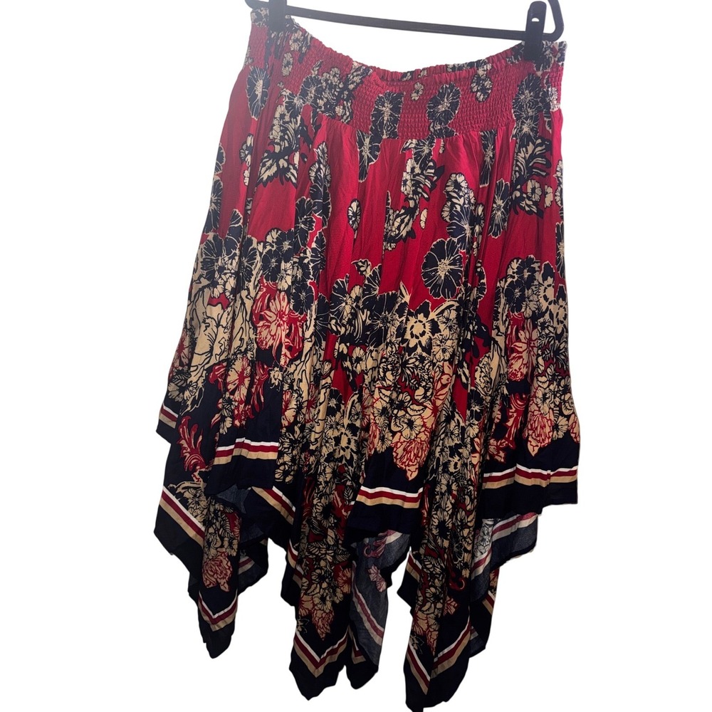 Denim 24/7 Red Floral Handkerchief Hem Smocked Waist Midi Skirt Plus Size 3x